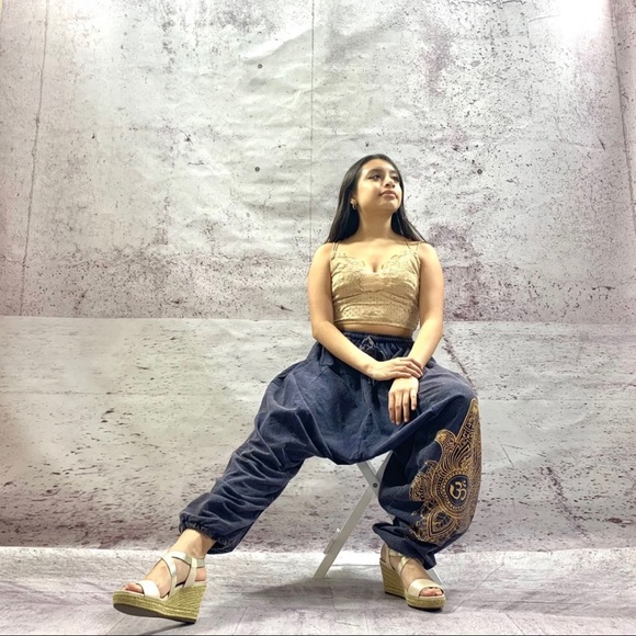 Handmade stonewashed Ohm Print Harem Pants Navy - Picture 1 of 7
